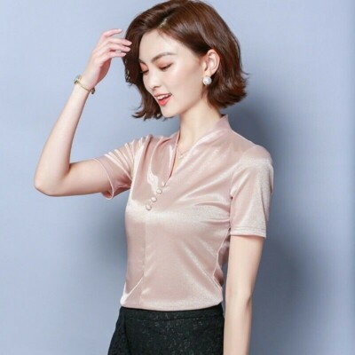 Damen Chiffon-Hemd Seide Like Bluse Enge Passform V Ausschnitt