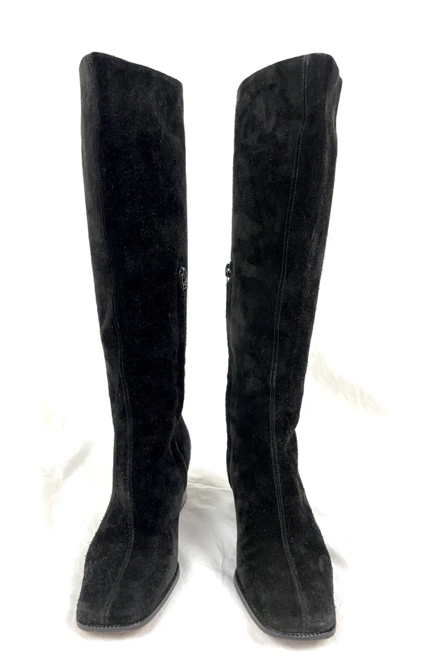 Vtg Saks fifth Avenue Womens Black Suede Leather Boots Knee High Sz 5 Heel Italy - Image 3 of 4