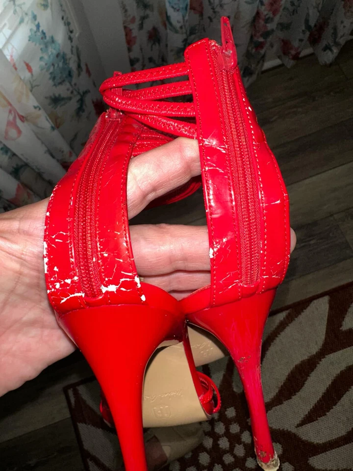 MICHAEL ANTONIO RED PAT strappy heels 8.5 GUC some cracking in leather see pics - Image 3 of 4