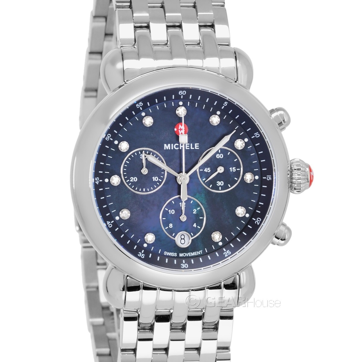 MICHELE Womens CSX 39 Diamond Dial Chronograph Watch, Blue MOP