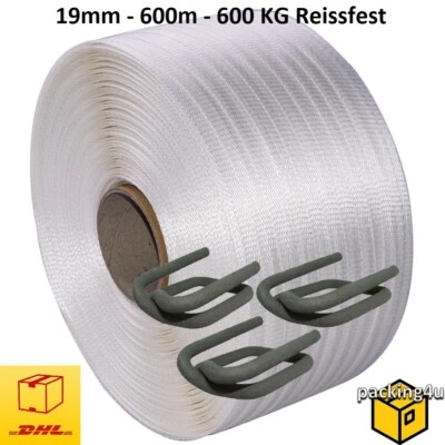 PACKING4U 19 mm Umreifungsband gewebt 600 m Kraftband Textilband Klemmen Umreifungsset