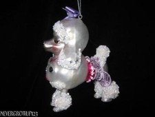 BLOWN GLASS WHITE POODLE CHRISTMAS ORNAMENT DOG PUPPY SPARKLES PURPLE BOW NWT