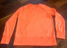 Nike Women Dri Fit Neon Bright Orange Crew Sweatshirt Thumb Holes Polyester L Lg