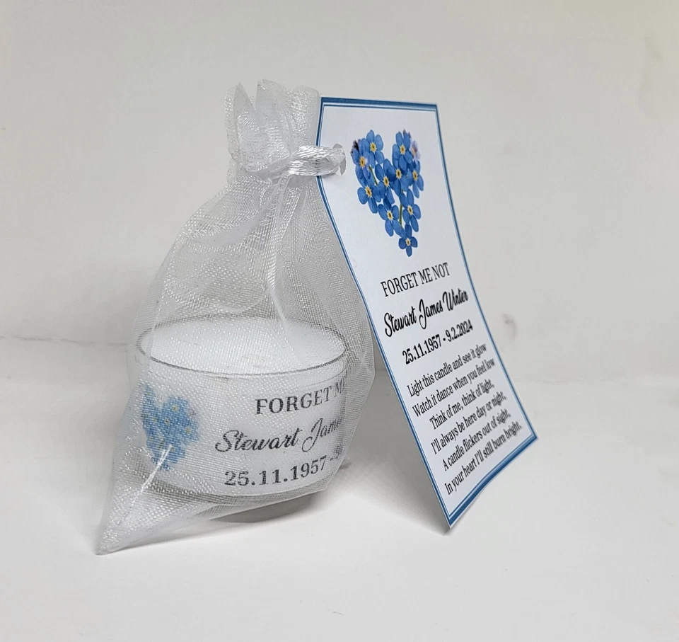 Personalised Funeral Memorial FORGET ME NOT tealight size candle favours - Image 3 of 4