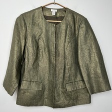 Chicos Women's Sz 2 Jacket Collarless Blazer 100 linen Metallic Gold 3/4 Sleeve