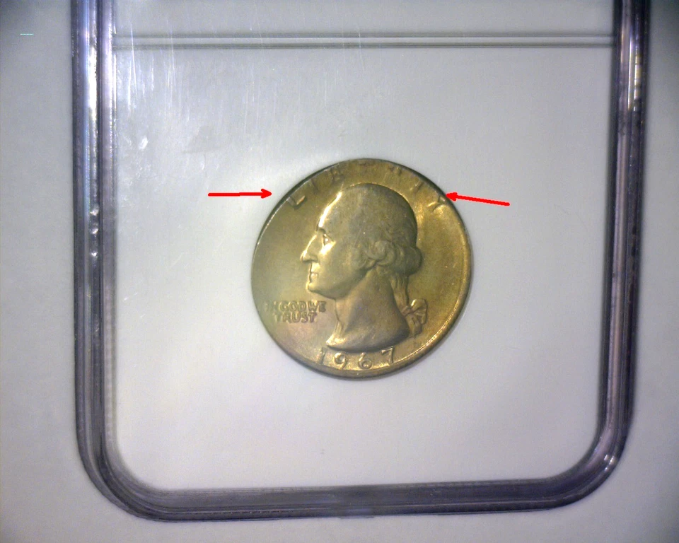 Cuarto de Washington 1967 🌟apretado en un planche de níquel🌟 4,9 gr. MONEDA ERROR EE. UU. Foto 4 de 4