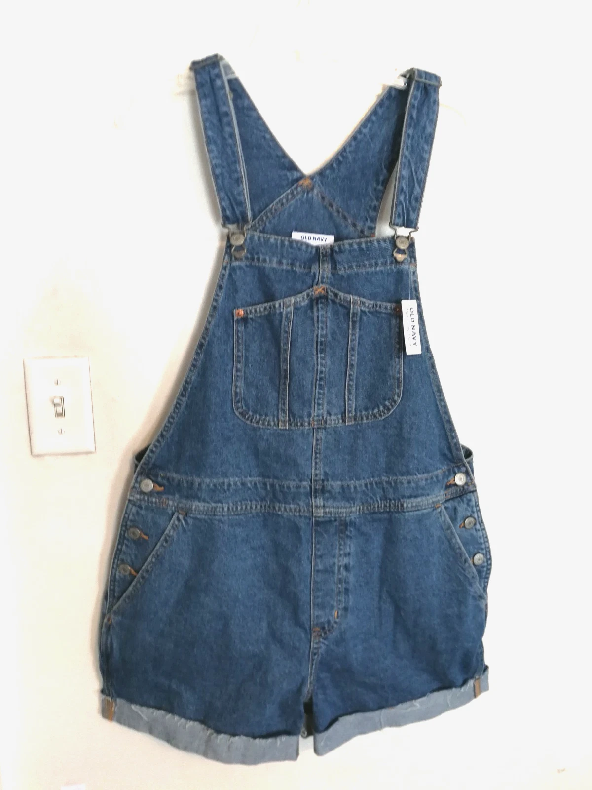 Old Navy Womens Bib Overalls L Blue Denim Jean Shortalls Pockets Adjustable