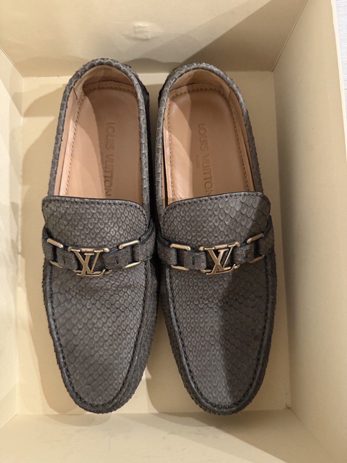 Louis Vuitton Gray Leather Loafer Men's Casual Shoes Logo Accent Rubber Sole