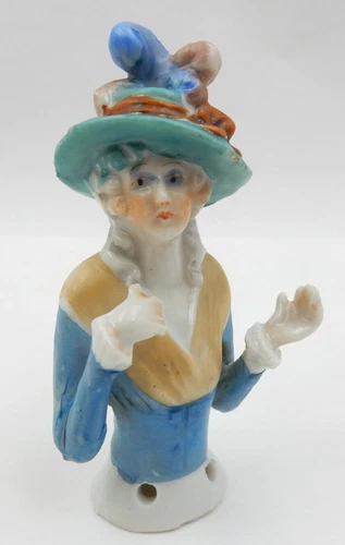 ANTIQUE VICTORIAN LADY HALF DOLL ARMS AWAY PINCUSHION PORCELAIN DOLL, GERMANY