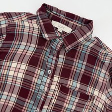 LOFT Burgundy Blue Plaid Tiered Button Front Shirt Dress Women's Small