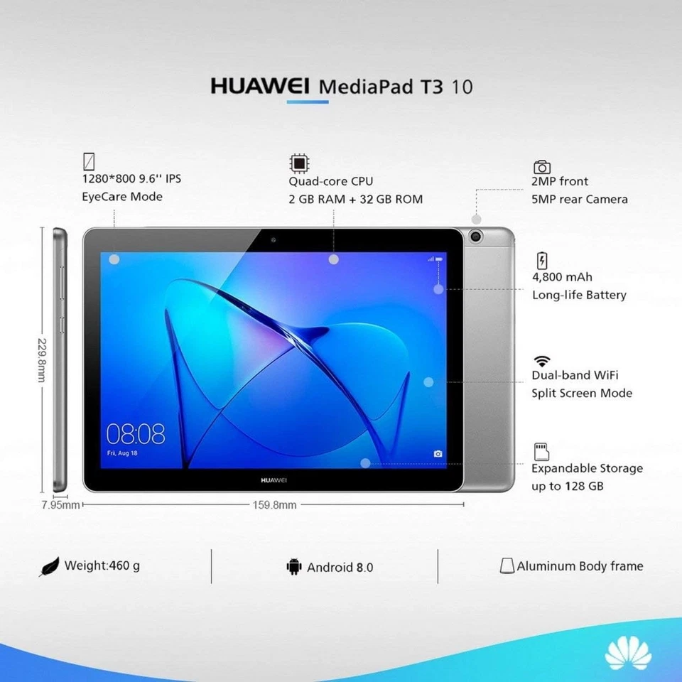 Huawei MediaPad T3-10 LTE 4G Tablet, 16 GB, Android+EMUI, 10" HD IPS LED - Image 3 of 4