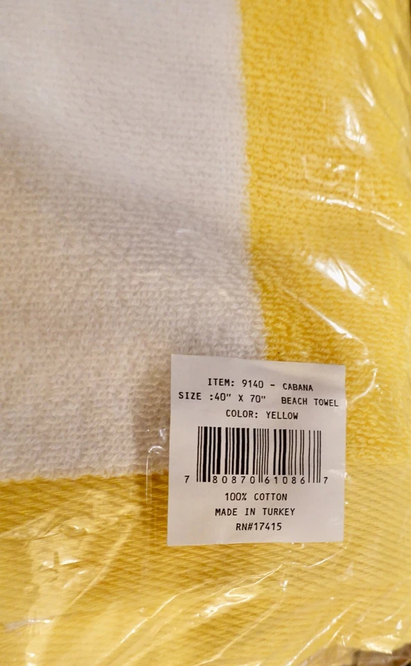 SFERRA CABANA 大号沙滩毛巾,全新带标签,40 英寸 x 70 英寸黄色/白色条纹。 全新 — 第 2/2 张图片
