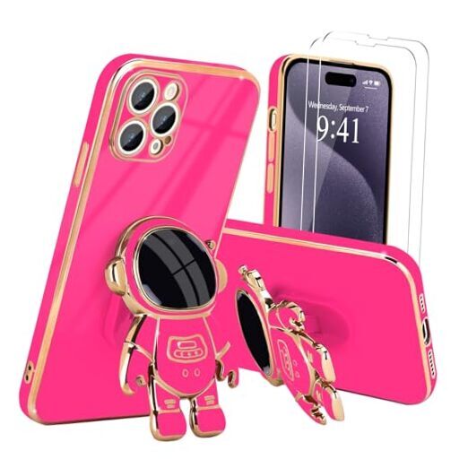 for Case, Cute 3D Astronaut Stand with [2 Screen iPhone 15 Pro Max Hot Pink