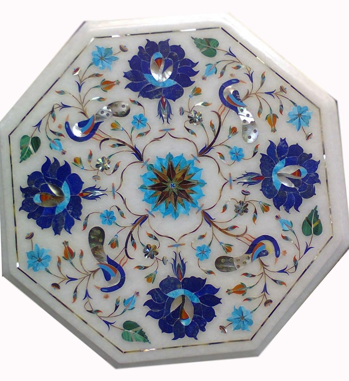 12-Inch White Marble Octagon Tabletop with Floral Design for Workspace