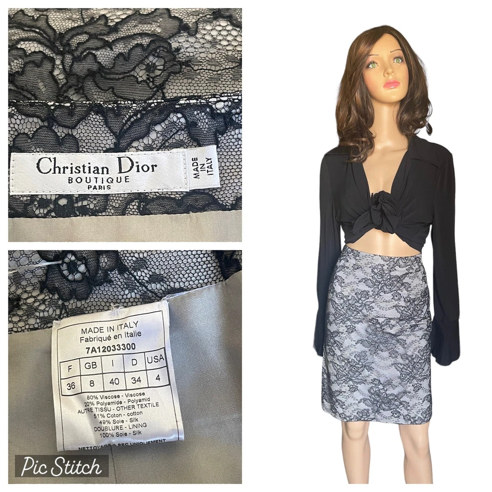 Christian Dior Boutique Paris Dville Gris Floral Encaje Mini Falda Lápiz Talla 4