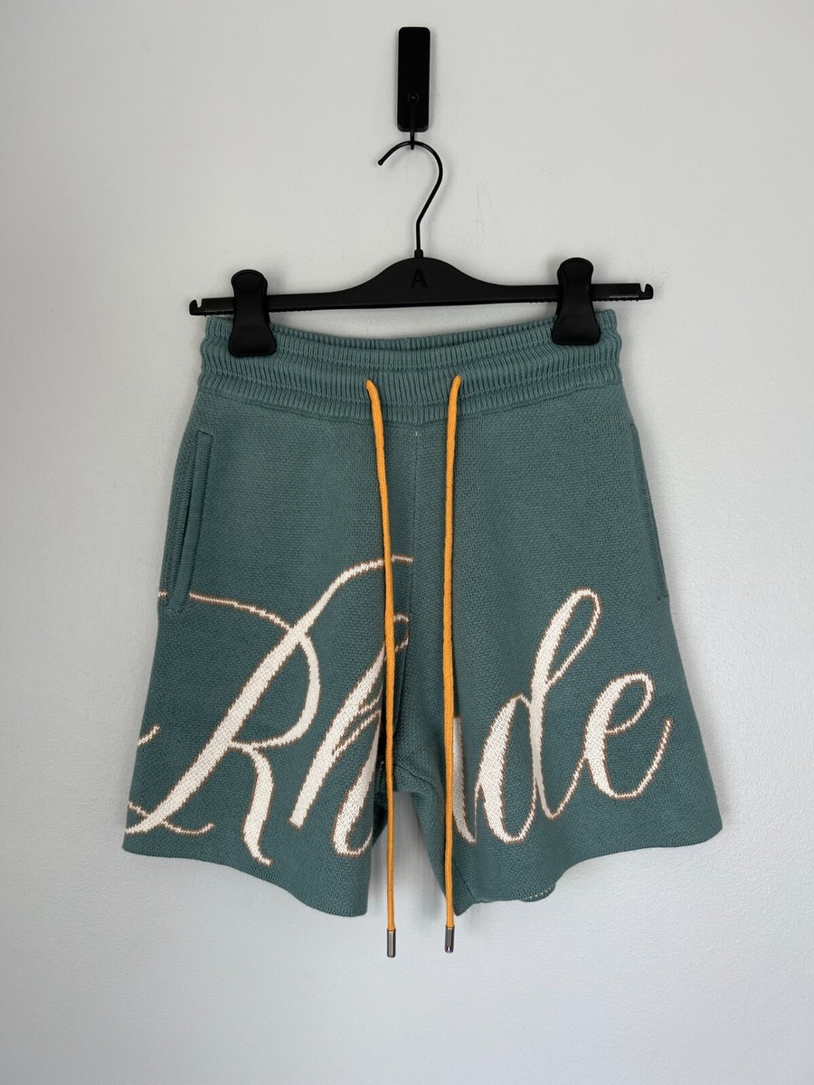 Rhude Script Logo Knit Shorts - Size Small - Sage Green