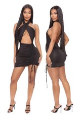 Fashion Nova NEW Womens Sz S Black Jersey Sexy Mini Halter Ruched Bodycon Dress