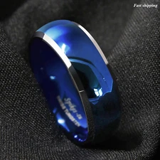 8mm Men's Tungsten Ring Blue Domed with Beveled Silver Edges Band ATOP Jewelry