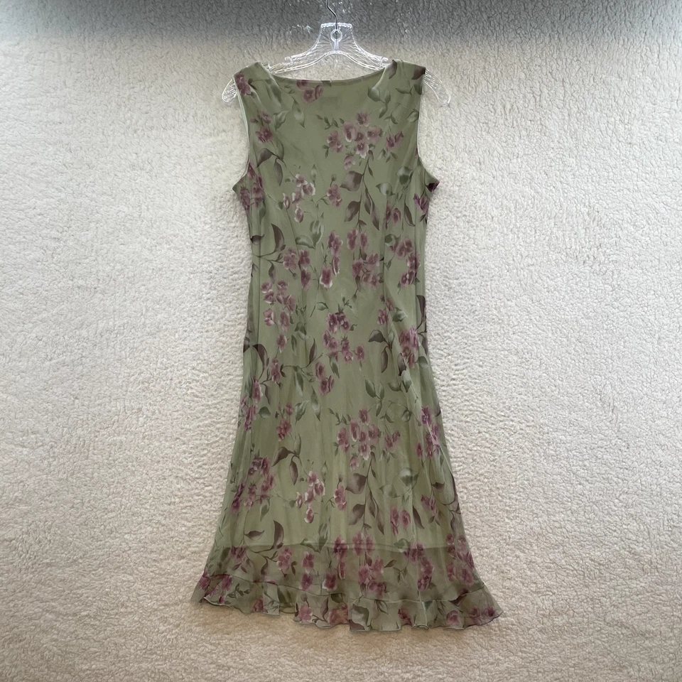 90s Y2K Vintage Midi Dress Large 10 Petite Pistachio Green Floral Chiffon Mesh - Image 2 of 4