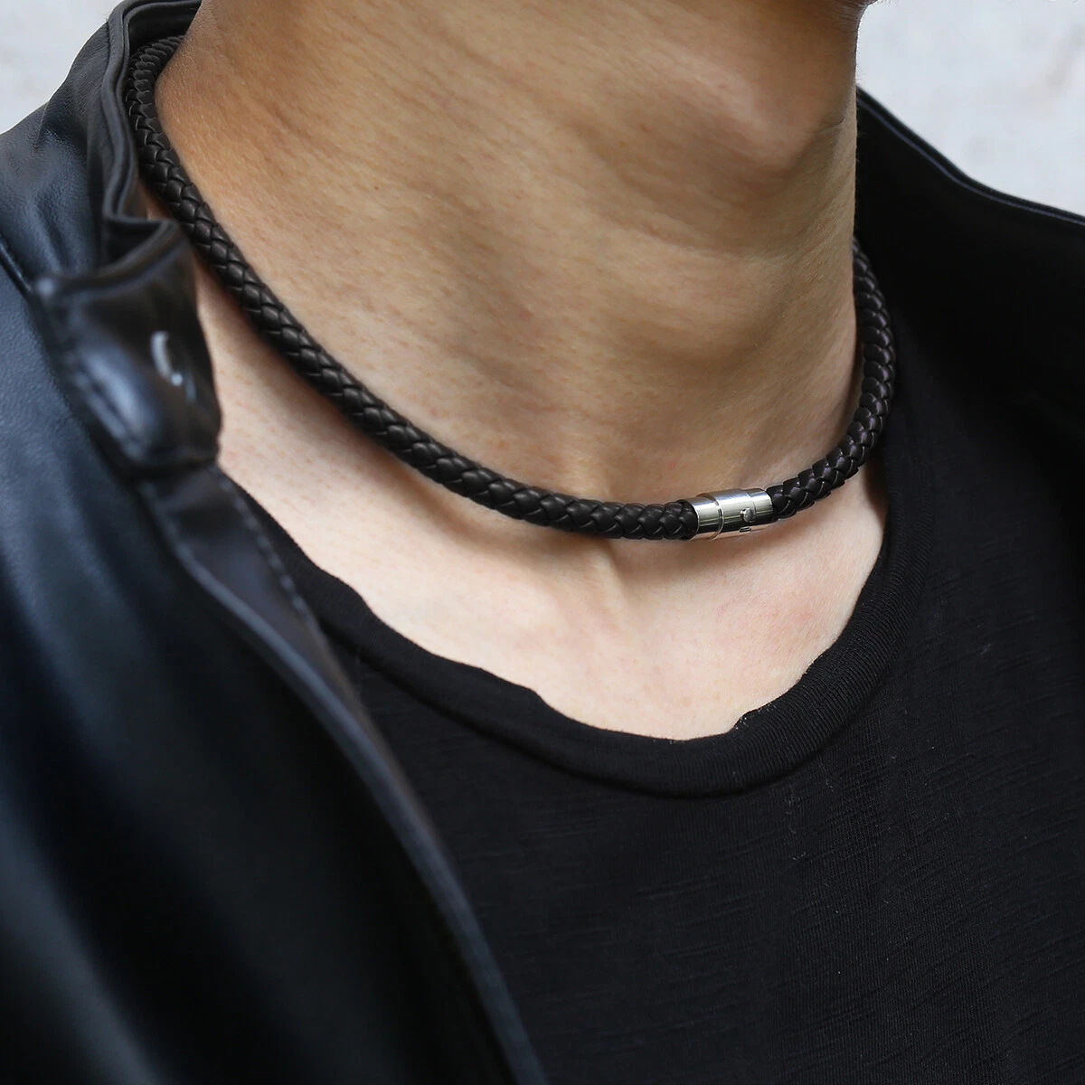 Black genuine leather and rope necklace / multistrand recycled