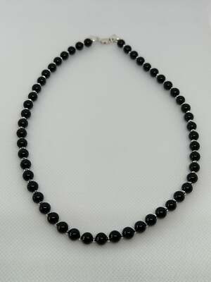 Handcrafted black onyx beads (6mm) and sterling silver saucer beads  16