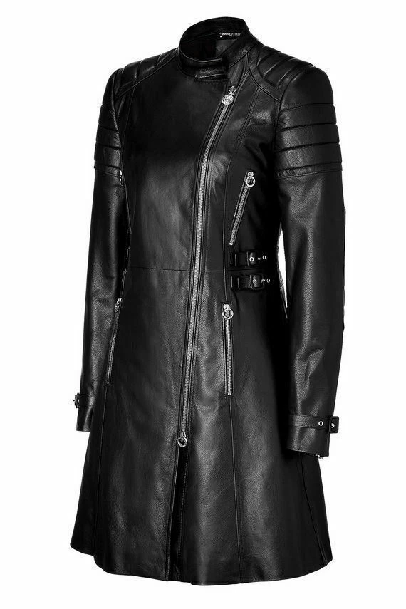 Manteau Long En Cuir Véritable Pour Femme - Noir - Style Steampunk/motard - Fait Main - Taille Sur Mesure