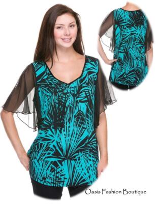Women's Plus Blouse Top Shirt tunic career Floral Stretch Aqua fushia 1X 2X 3X