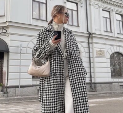 Coat size Medium women peacoat houndstooth wool lined black white long  Dress