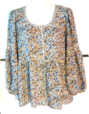 WOMEN'S MAX STUDIO FLORAL PRINT 3/4 BILLOW SLEEVE PARTIAL BUTTON TOP SIZE L