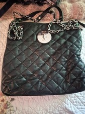 DKNY Black Leather Quilted Purse Handbag Gold Chain Link Shoulder Bag