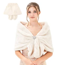 Faux Fur Shawl Wedding Winter Wraps with Rhinestones Brooch Women Warm Fur Sh...