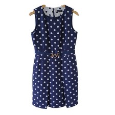 Tahari Arthur S Levine Navy White Polka Dot Sheath Dress Gold Buckle Sz 8