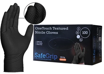 ONETOUCH Black Nitrile Gloves Tough Grip Diamond Texture Heavy Duty Mechanic Tattooist