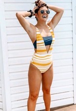 Aerie Full Coverage One Piece Swimsuit Women Size Small Yellow blue Layered NEW