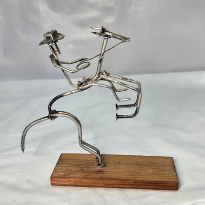 Vintage Metal Nut Bolt Cowboy Riding Bronco Sculpture Rustic Wood Base Folk Art