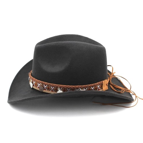 Western Cowgirl Cowboy Hat Men Women – Tribal Band Felt Wide Brim Rodeo Style - Picture 4 of 23