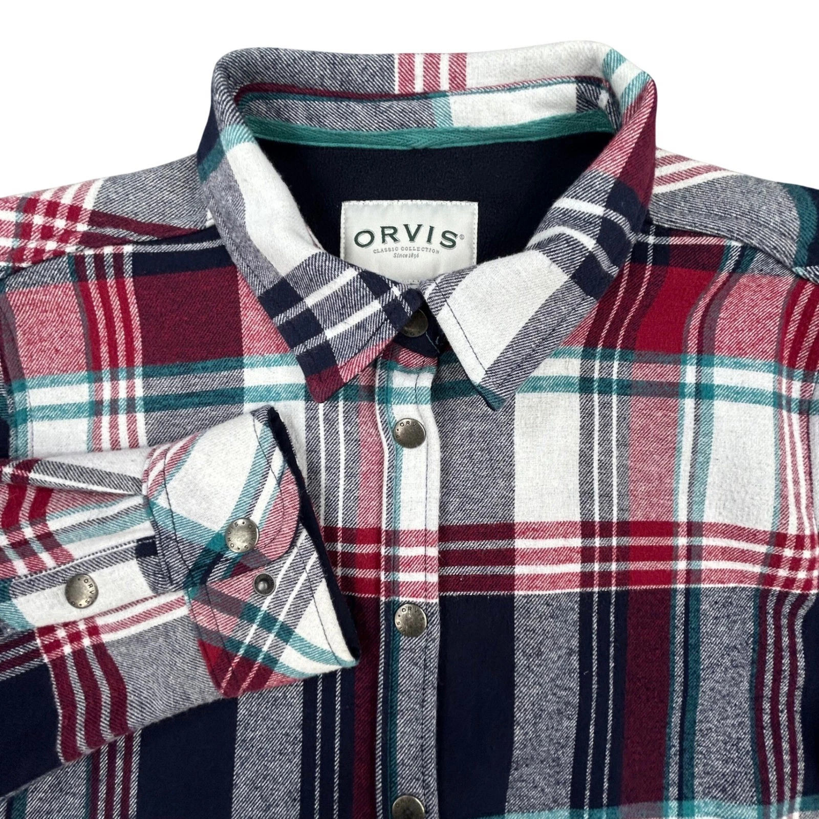 Orvis Snap Button Flannel Shirt Jacket Mens XL Plaid Red Black Teal Shacket NWoT
Opens in a new wind