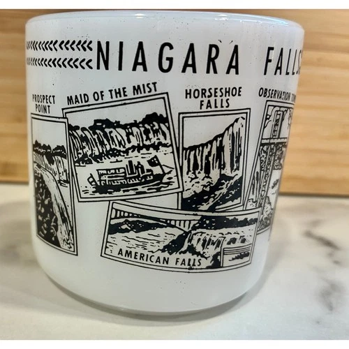 Vintage 1970s Niagara Falls Fire King Milk Glass Mug 8 oz Coffee Mug Cup