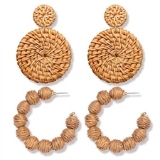 Rattan Ball Hoop Earrings for Women - Statement Straw Woven Dangle Drop Earring