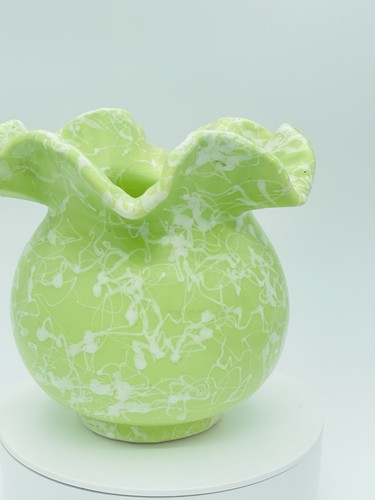 VTG MCM Lime Green & White Speckle Ruffled Collar Round Bottom Pottery Vase 4.5" - Picture 5 of 15