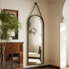 16''x48'' Arched Full Length Mirror, Hanging Mirror for Wall with Leather Str...