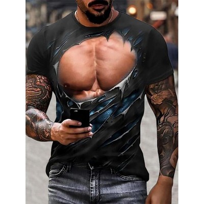 T-shirt Homme 3D 'Muscles' - Impression Fake Tattoo, Couleur Bleu, Taille L, 100% Polyester, Marque Blanche