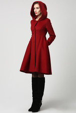 Red Wool Hodded Coat Princess Vintage Inspired Swing Coat Xs