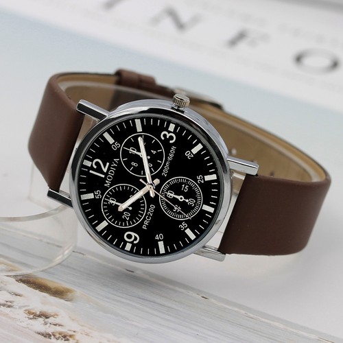 Reloj de pulsera analógico de cuarzo con correa de cuero militar para hombre esfera de vidrio azul - Imagen 13 de 13