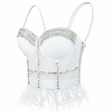ELLACCI Women's Feather Tassel Diamond Chain Mesh Bustier Crop Top Bralet White