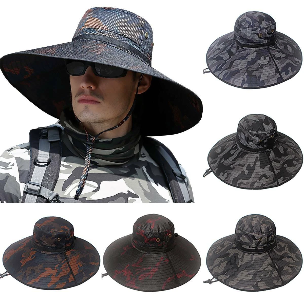 Mens Camo Sun Hat Bucket Cargo Bush Boonie Wide Brim Fishing Caps Summer