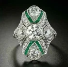 Art Deco Style Lab Created Diamond & Emerald Wedding Ring 14k White Gold Finish