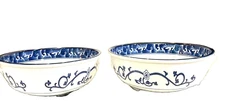 Royal Blue Trim Rice Bowls VTG Porcelain Korean Floral Set of 2