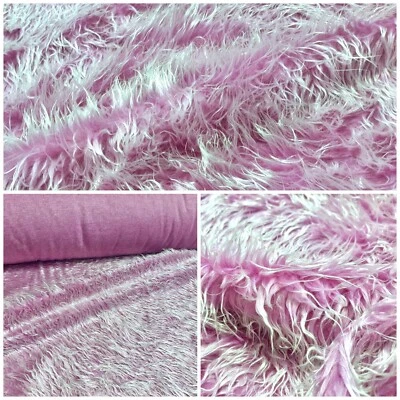 MARKENLOS Webpelz Langhaar Kunstfell Zottel Fell Stoff Pink Weiß Deko Teppich Bekleidung