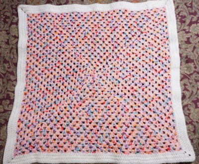 Crochet Pastel Pink Afghan with White Border Lap Throw/Small Blanket 29x29''